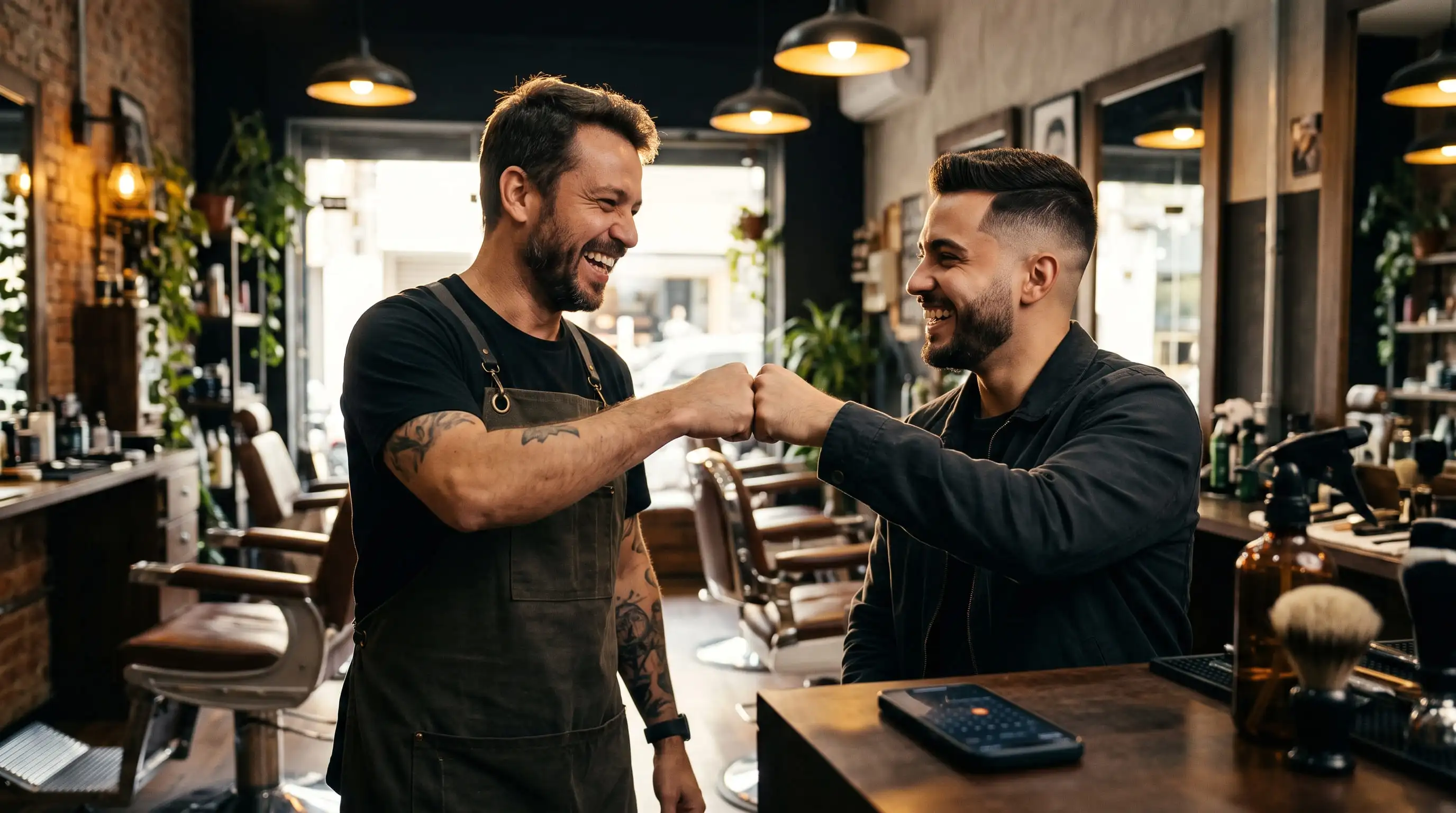 Barbeiro cumprimentando um cliente recorrente na entrada da barbearia