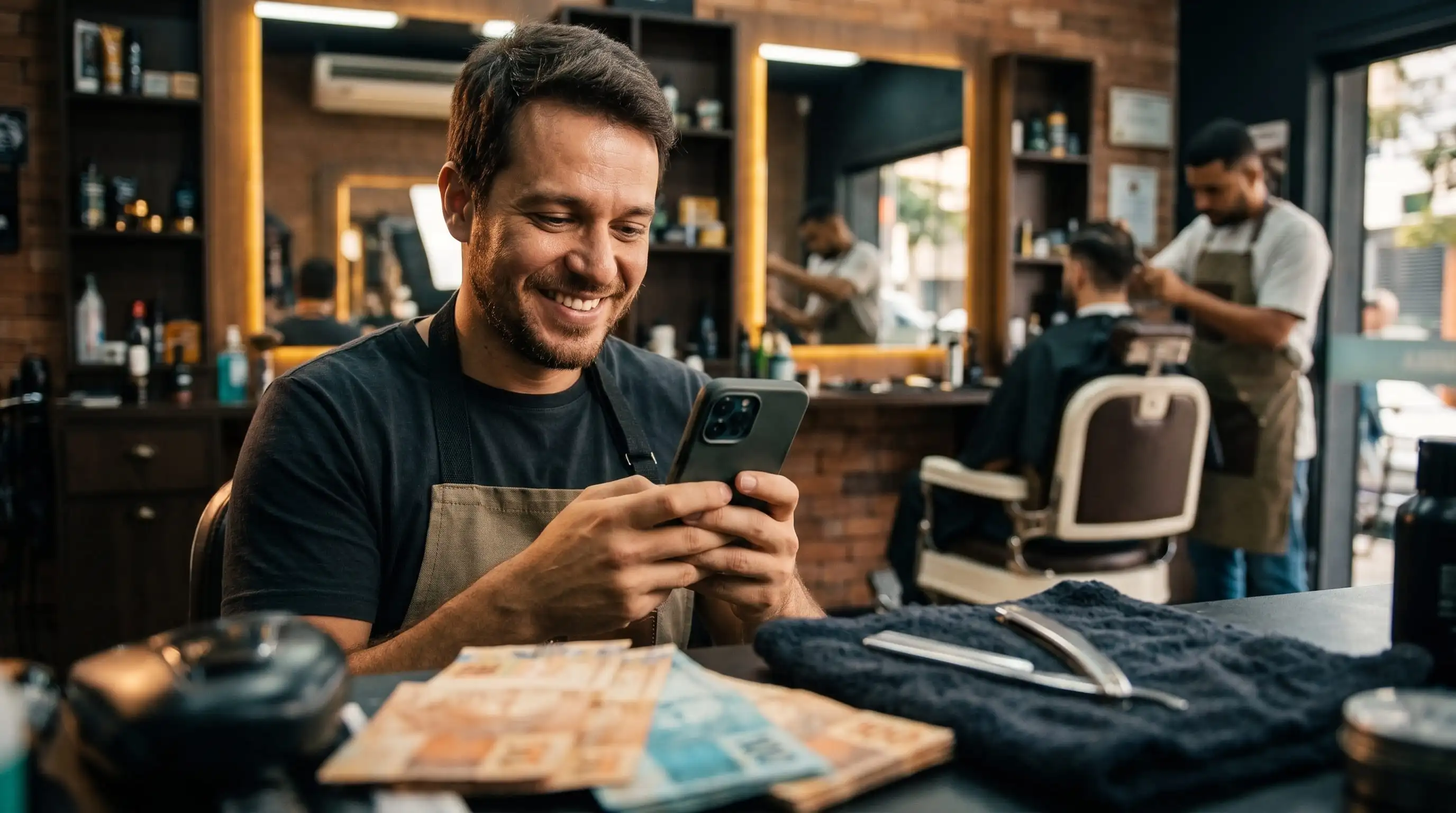 Barbeiro e dono conferindo o fechamento de comissões no celular
