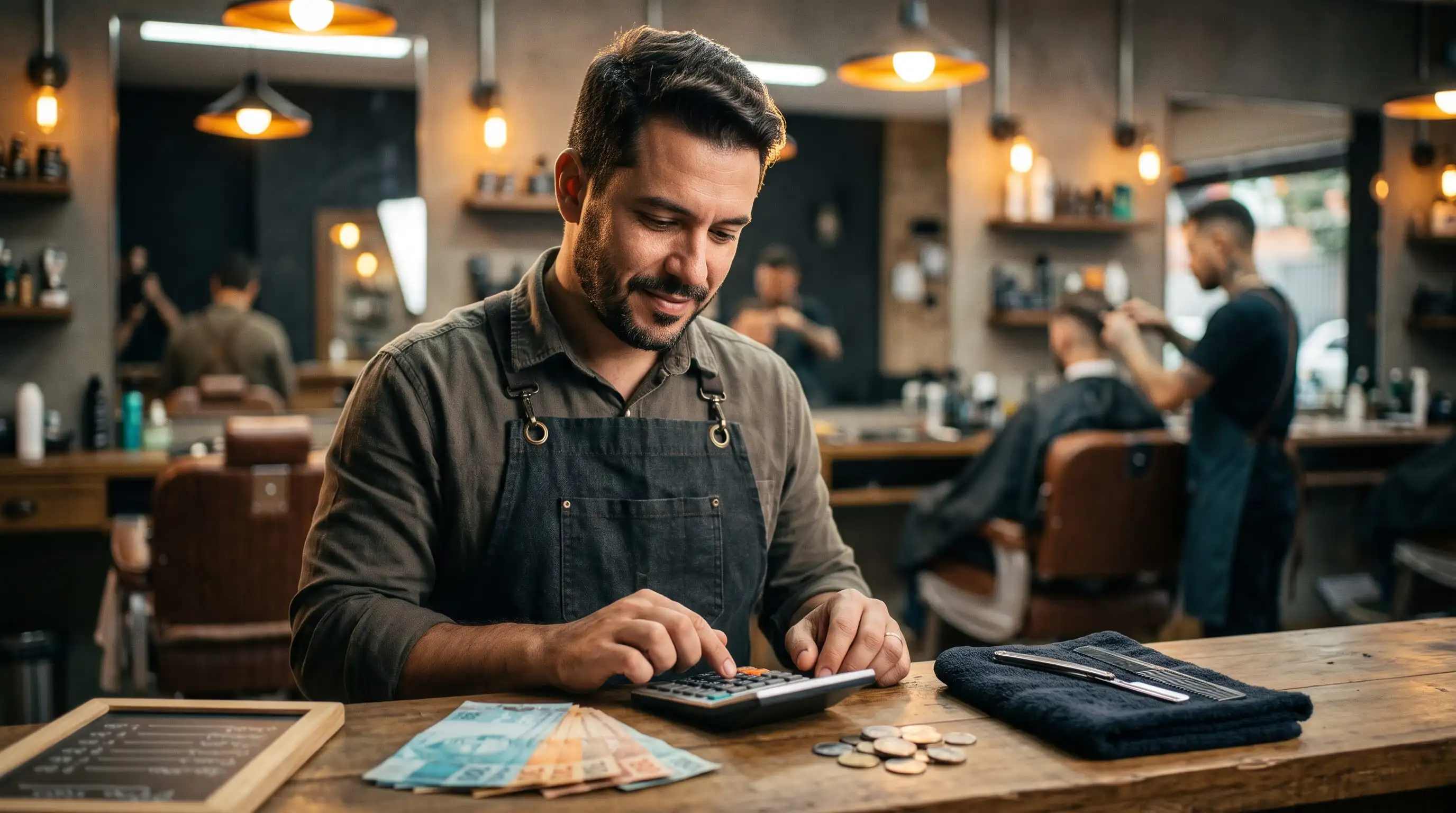 Dono de barbearia calculando o preço dos serviços em uma calculadora ao lado da tabela de preços